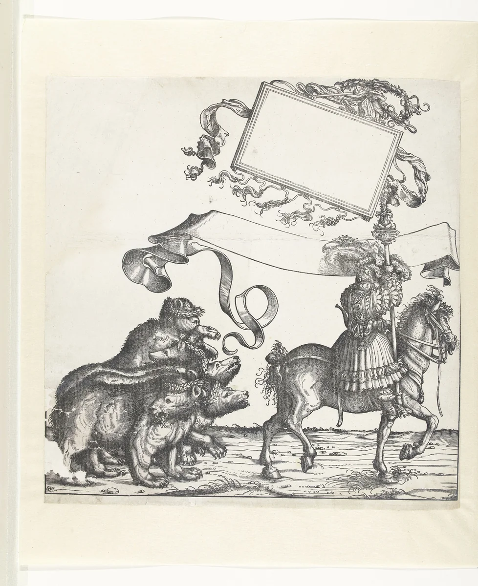 Vijf beren en een standaarddrager te paard by Unknown, print, 1483-1526
