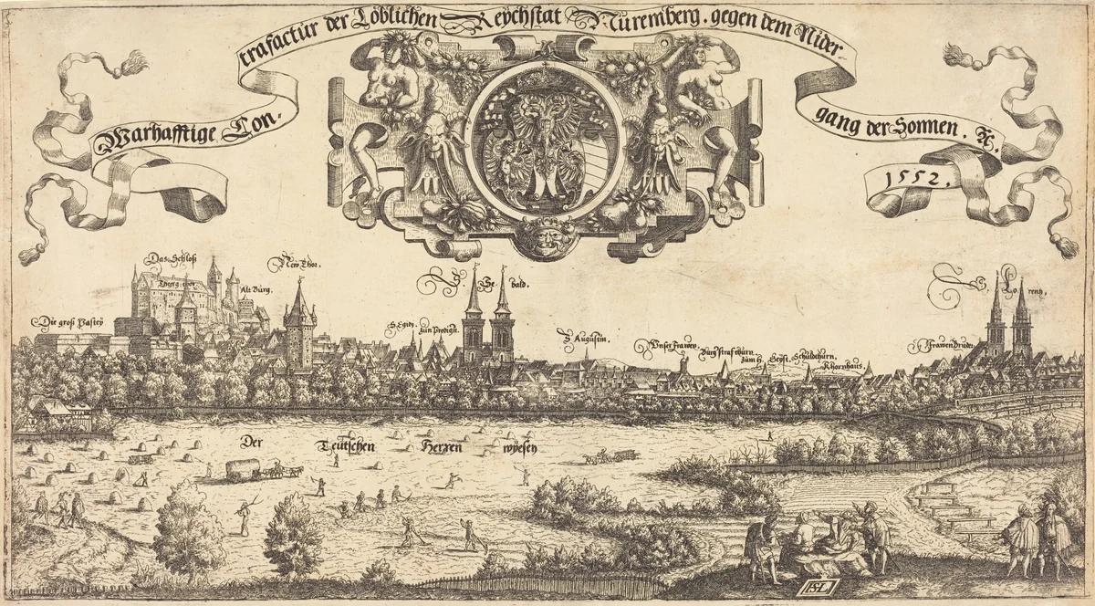 View of Nuremberg from the West [center section] by Hanns Lautensack, print, 1552