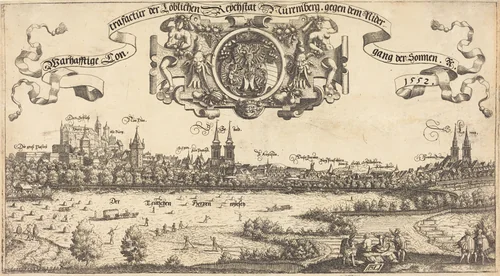 View of Nuremberg from the West [center section] by Hanns Lautensack, print, 1552