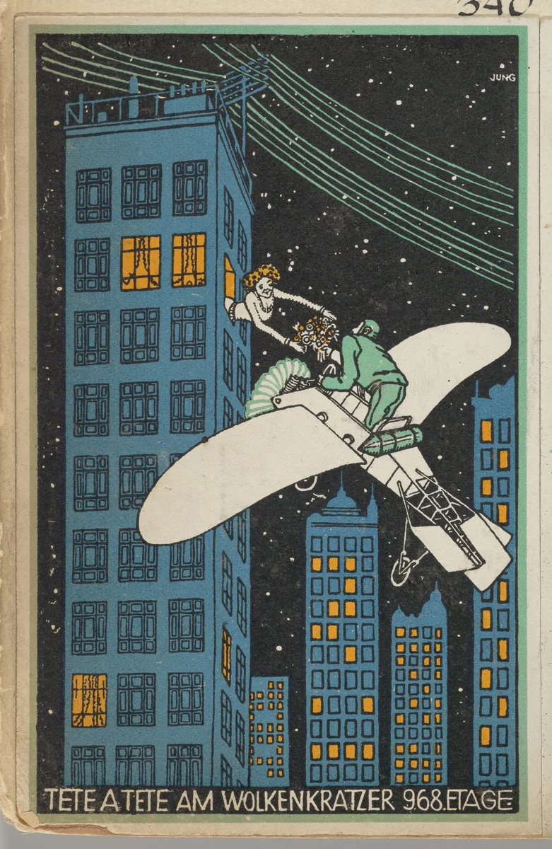 Tête á Tête on the 968th Floor of a Skyscraper (Tête á Tête am Wolkenkratzer 968 Etage) by Moriz Jung, print, 1911