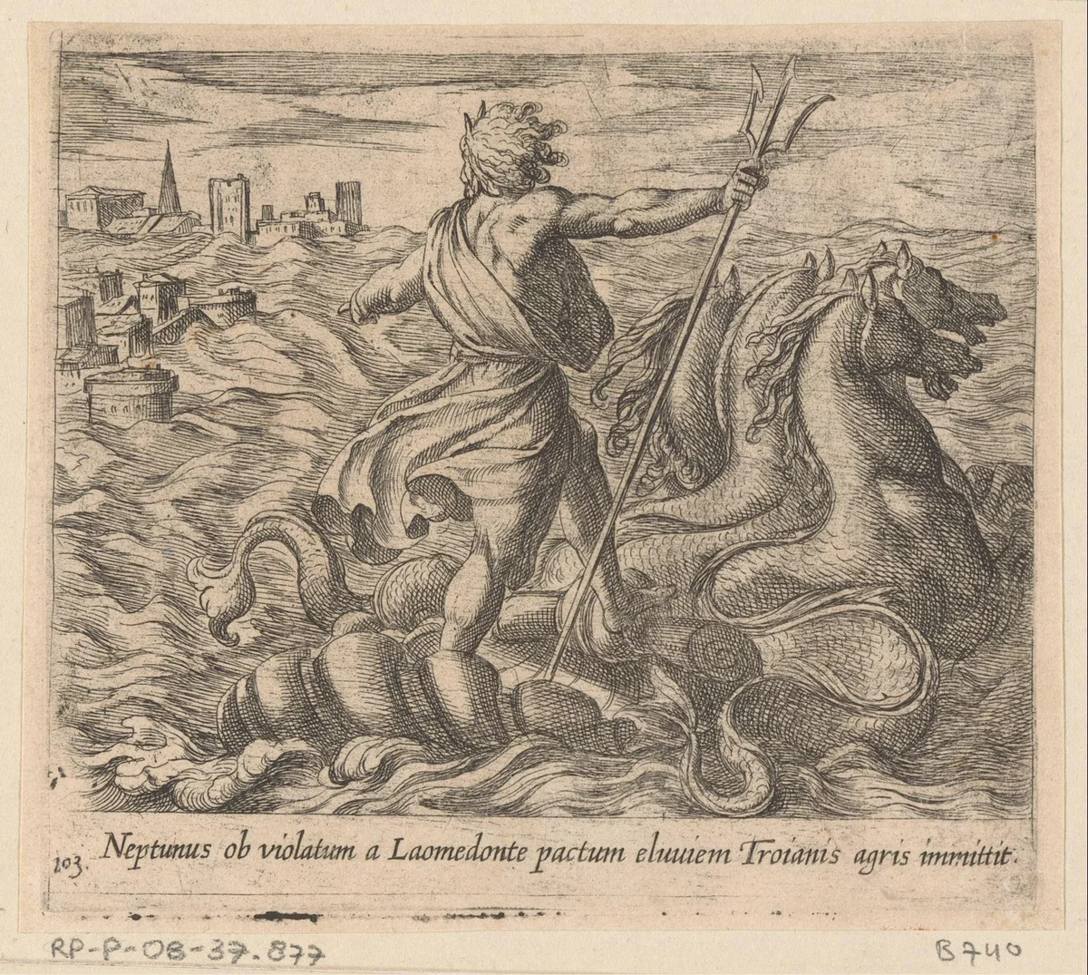 Neptunus stuurt een zondvloed op Troje af by Antonio Tempesta, print, 1606