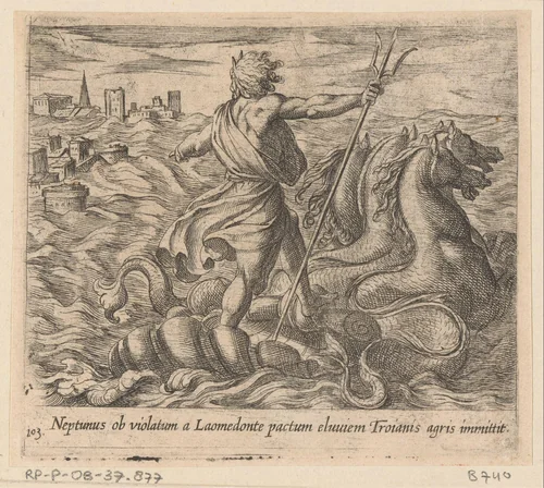 Neptunus stuurt een zondvloed op Troje af by Antonio Tempesta, print, 1606