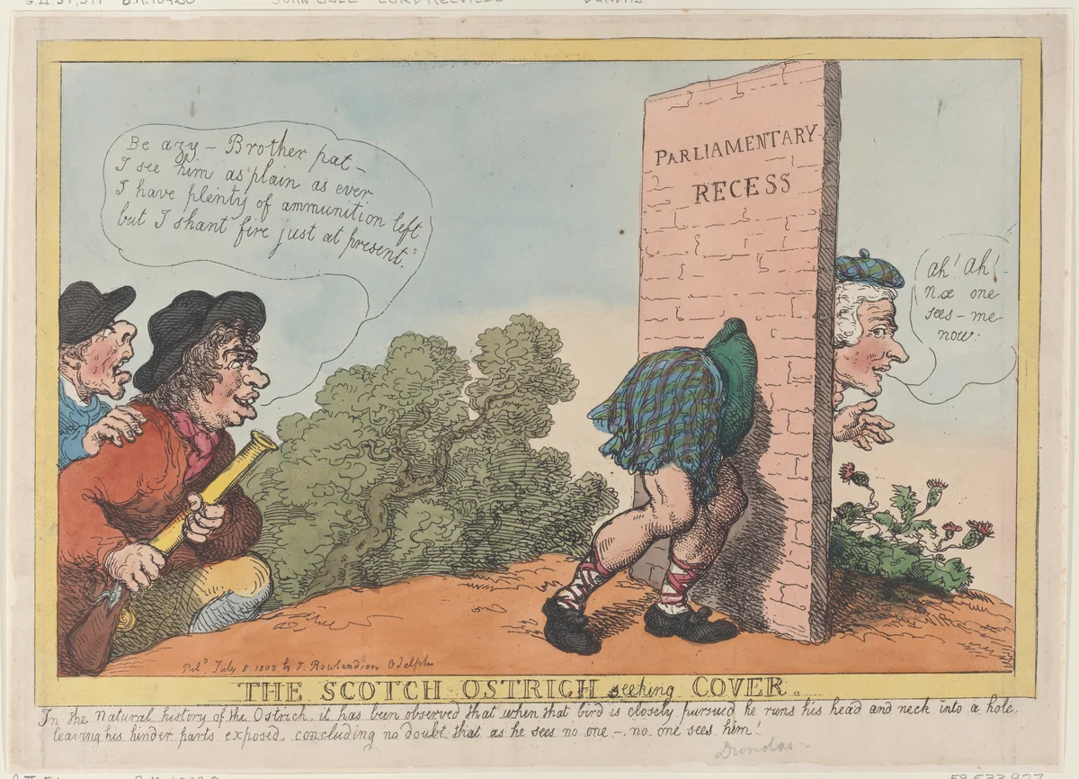 The Scotch Ostrich Seeking Cover by Thomas Rowlandson, print, 1805