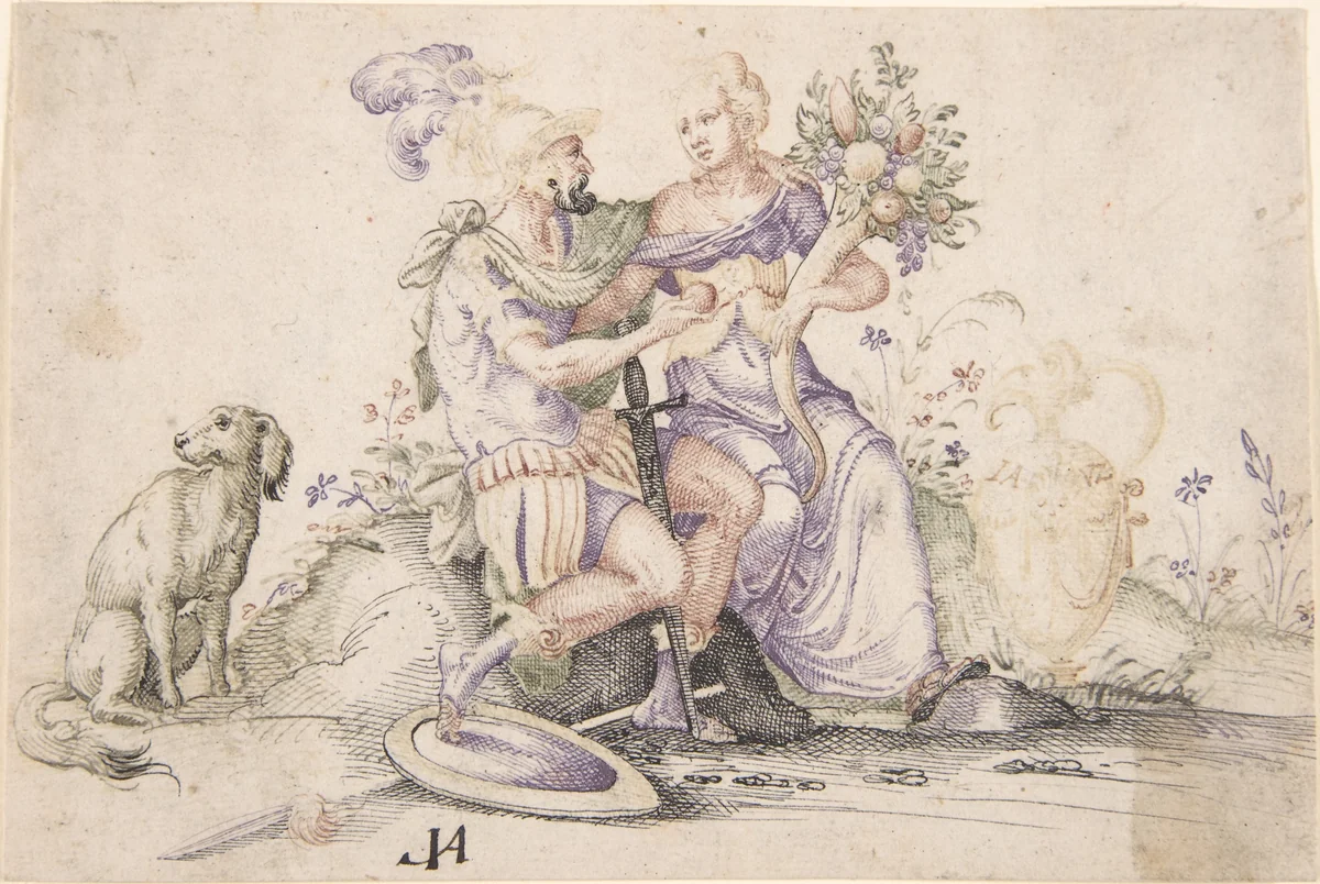 Mars and Pomona by Jost Amman, drawing, 1539-1591