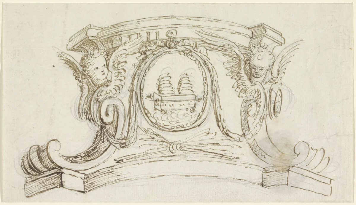 Voetstuk met cherubijnen by anonymous, drawing, 1600-1800