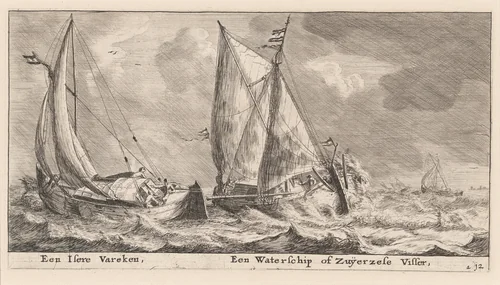 An "Isere" Vessel and a Waterschip or Zuiderzee Fishing-Boat by Reinier Nooms, print, 1647-1657