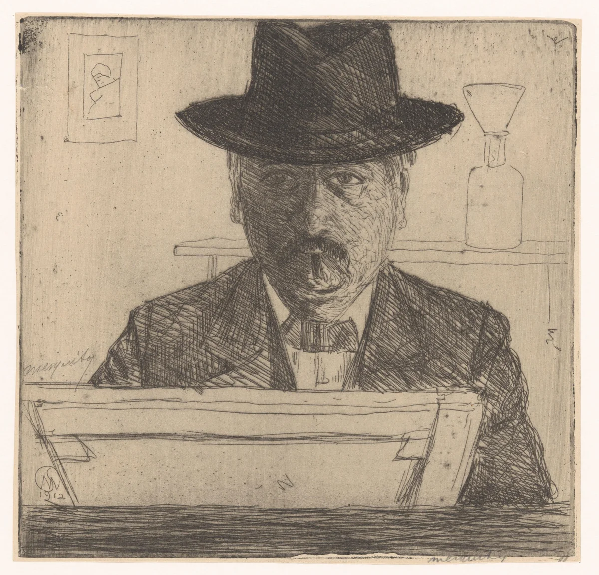 Zelfportret met hoed by Samuel Jessurun de Mesquita, print, 1912