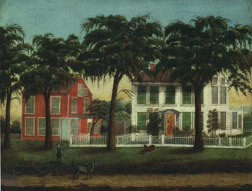 Houses on the Fox River, Illinois by Artist Unknown, painting, 1881-1890