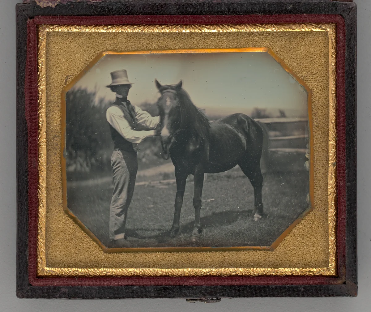 Untitled (Portrait of a Man Wearing a Top Hat Standing Next to a Horse) by Unknown maker, other, 1850-1860