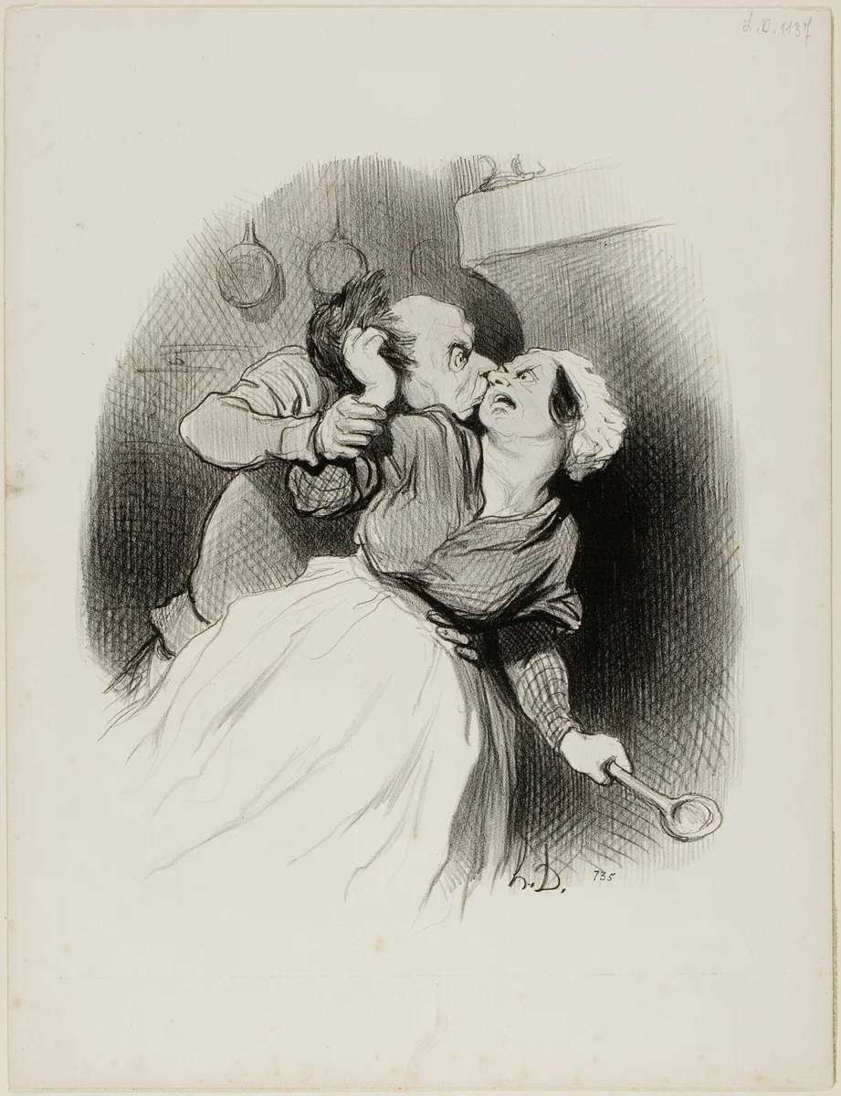 A Return of Youth. “Yell as much as you like, you little devil you.... my wife isn't home.... tear out my hair to your heart's content!,” plate 50 from Les beaux Jours de la vie by Honoré-Victorin Daumier, print, 1845
