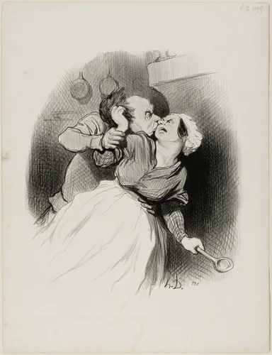 A Return of Youth. “Yell as much as you like, you little devil you.... my wife isn't home.... tear out my hair to your heart's content!,” plate 50 from Les beaux Jours de la vie by Honoré-Victorin Daumier, print, 1845