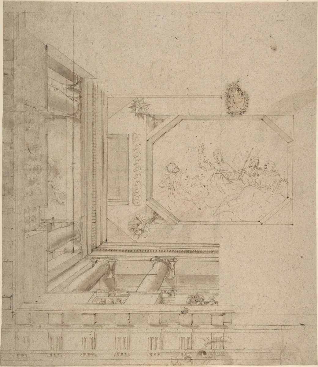 Architectural Elevation, Part of a Ceiling and Balustrade by anonymous, drawing, 1600-1800