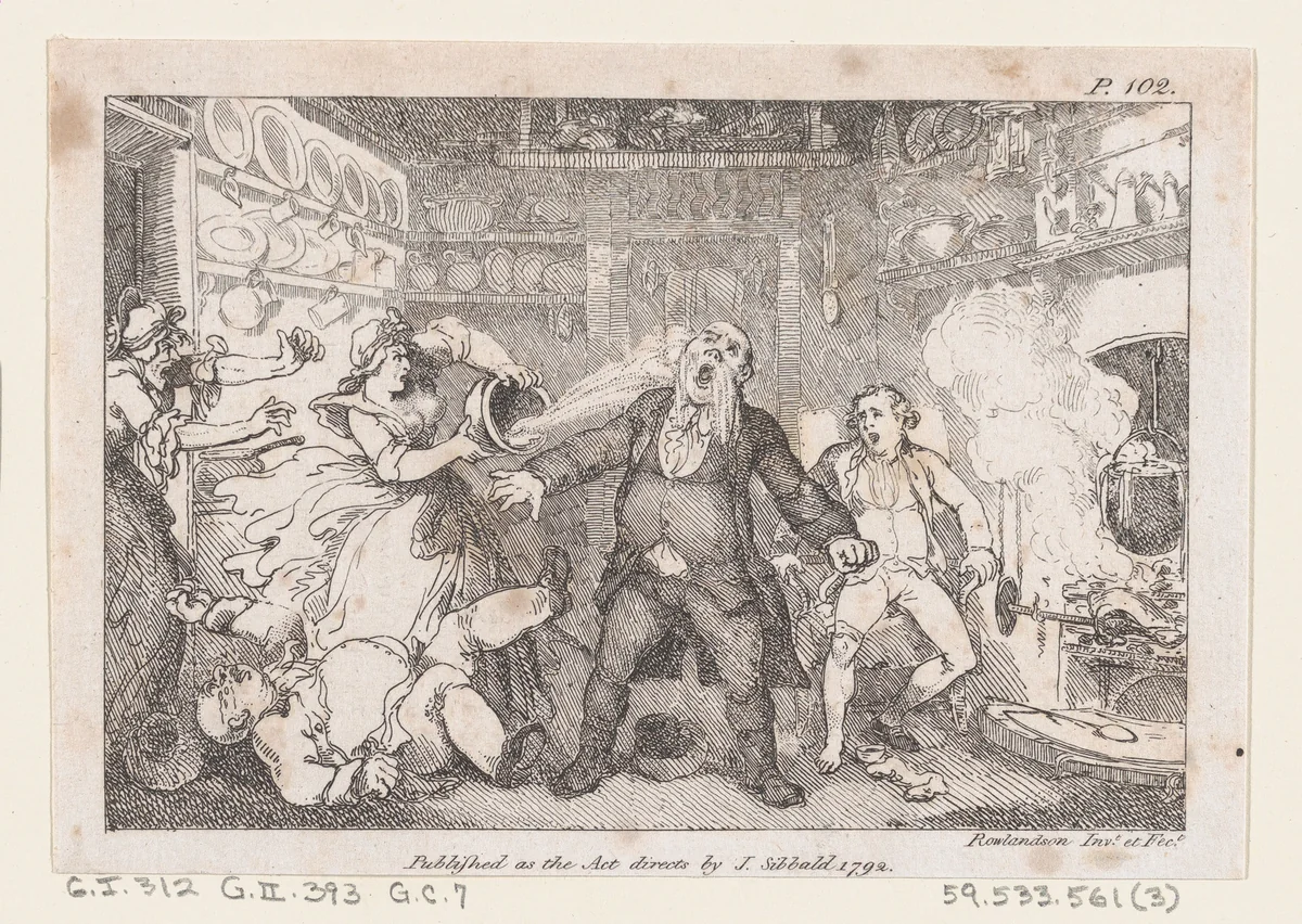 Hostess Discharges a Pan of Blood into the Face of Parson Andrews, from "The Adventures of Joseph Andrews, and his friend Mr. Abraham Adams" by Thomas Rowlandson, print, 1792