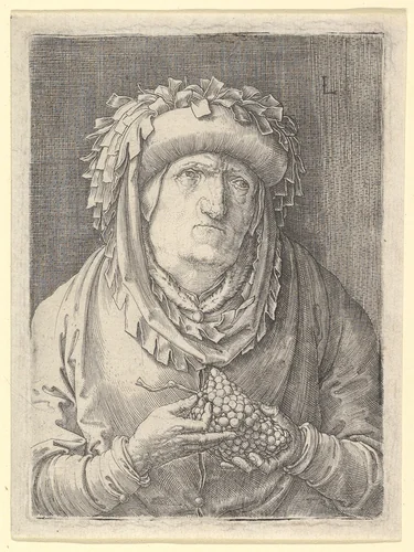 Old Woman With Grapes by Lucas van Leyden, print, 1518-1528