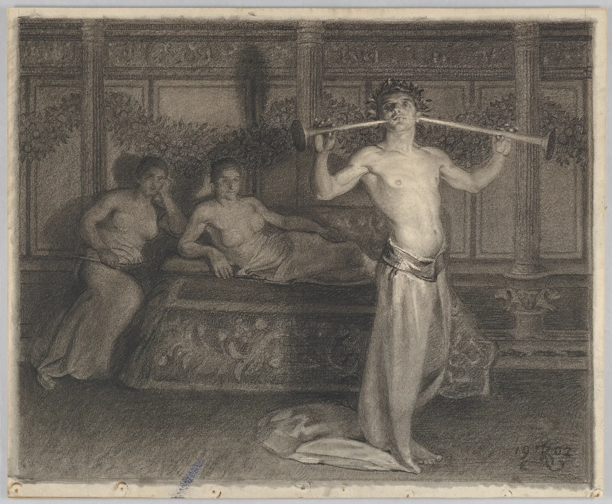 Two Women in an Interior Listening to a Young Musician in Antique Times by Kristian Zahrtmann, drawing, 1902