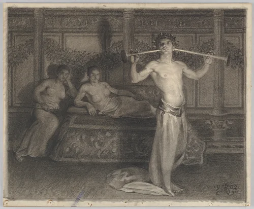 Two Women in an Interior Listening to a Young Musician in Antique Times by Kristian Zahrtmann, drawing, 1902