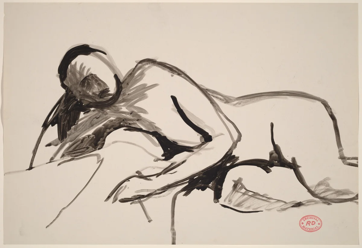 Untitled [reclining nude resting on right arm] by Richard Diebenkorn, drawing, 1955-1967
