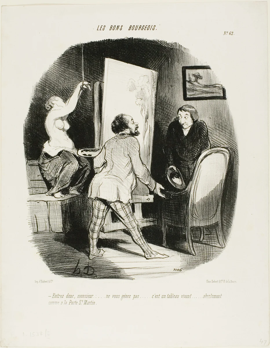“Come on in, Monsieur, don't be shy. It's a living picture.... just like (you'd see) at the Porte St. Martin,” plate 62 from Les Bons Bourgeois by Honoré-Victorin Daumier, print, 1847