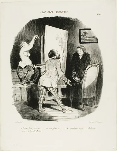 “Come on in, Monsieur, don't be shy. It's a living picture.... just like (you'd see) at the Porte St. Martin,” plate 62 from Les Bons Bourgeois by Honoré-Victorin Daumier, print, 1847
