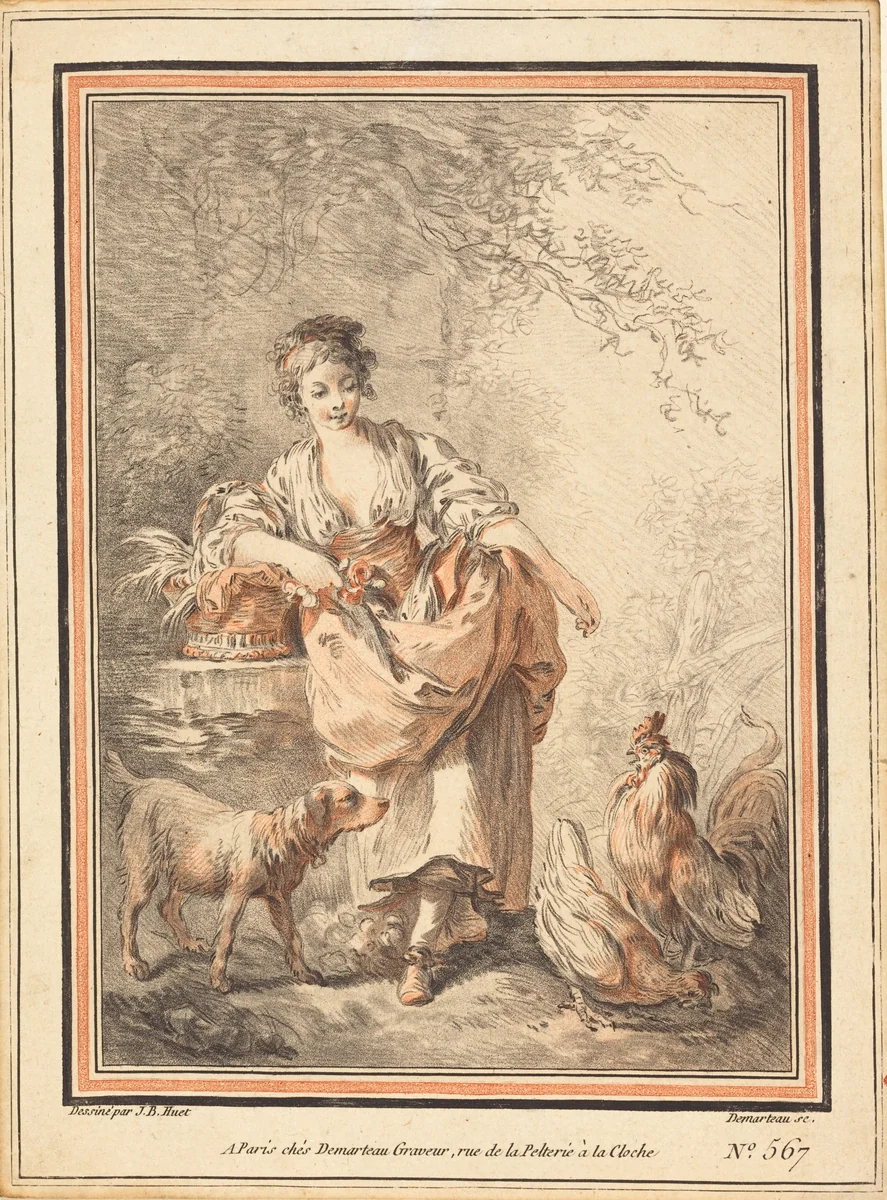 Woman Feeding Chickens by Gilles-Antoine Demarteau; Jean-Baptiste Hüet, print, 1750-1802