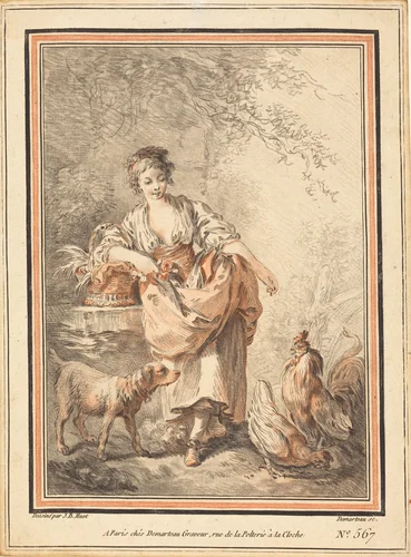 Woman Feeding Chickens by Gilles-Antoine Demarteau; Jean-Baptiste Hüet, print, 1750-1802