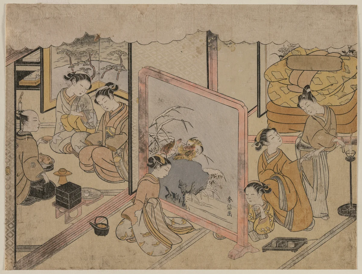 Drinking a Cup of Wine Before Retiring for Bed (From an Untitled Series) by Suzuki Harunobu (鈴木春信), print, 1765-1969