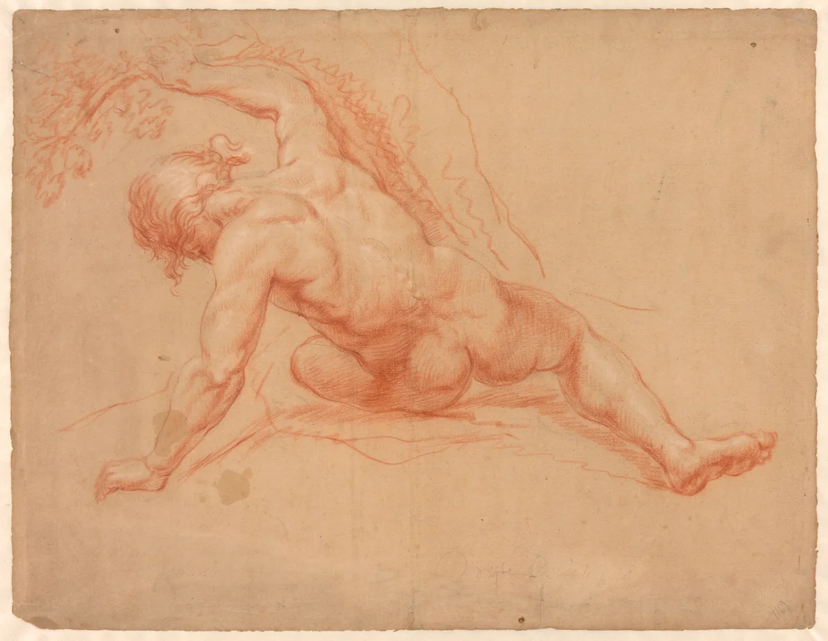 Male Nude Seen from Behind by Daniël Mijtens, drawing, 1672-1688
