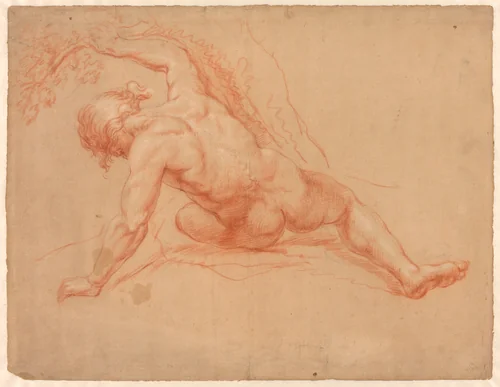 Male Nude Seen from Behind by Daniël Mijtens, drawing, 1672-1688