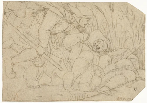 Twee blinden leiden elkaar en vallen in het water by anonymous, drawing, 1535