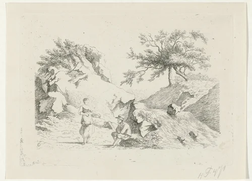 Man en vrouw bij waterval by Reinierus Albertus Ludovicus van Isendoorn à Blois, print, 1796-1856
