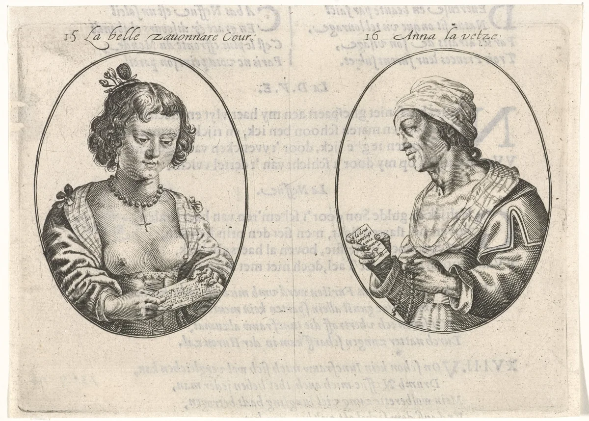 Portretten van twee courtisanes by Crispijn van de Passe, print, 1630-1632