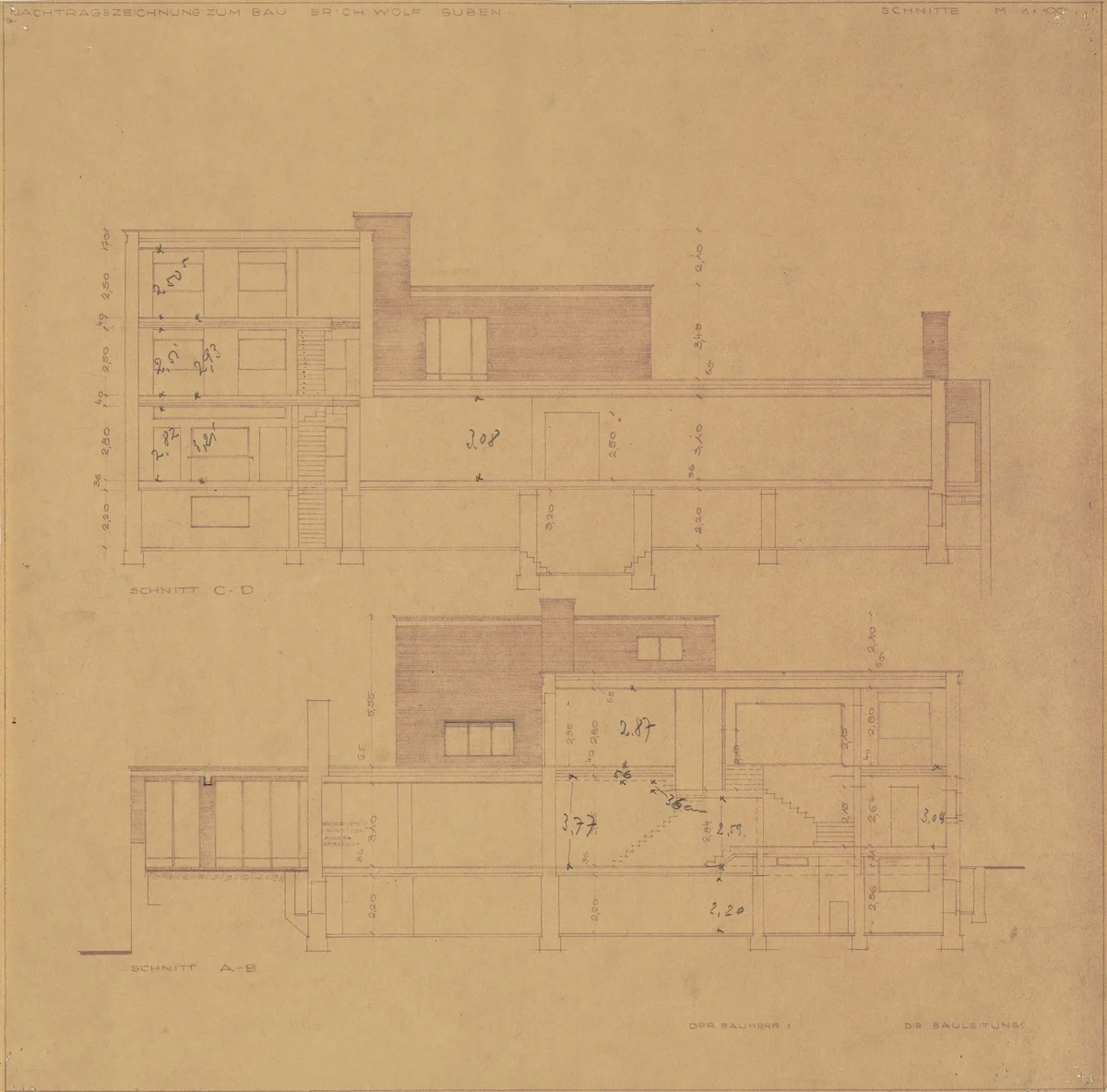 Wolf House, Gubin, Poland, Two sections by Ludwig Mies van der Rohe, mies van der rohe archive, 1925