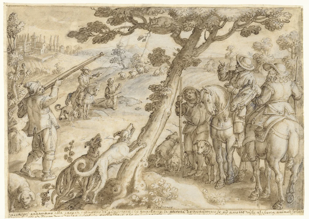 Jacht op wilde katten by Jan van der Straet, drawing, 1533-1578