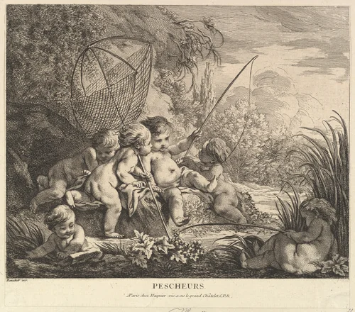 Children Fishing by Pierre Alexandre Aveline, print, 1733-1743