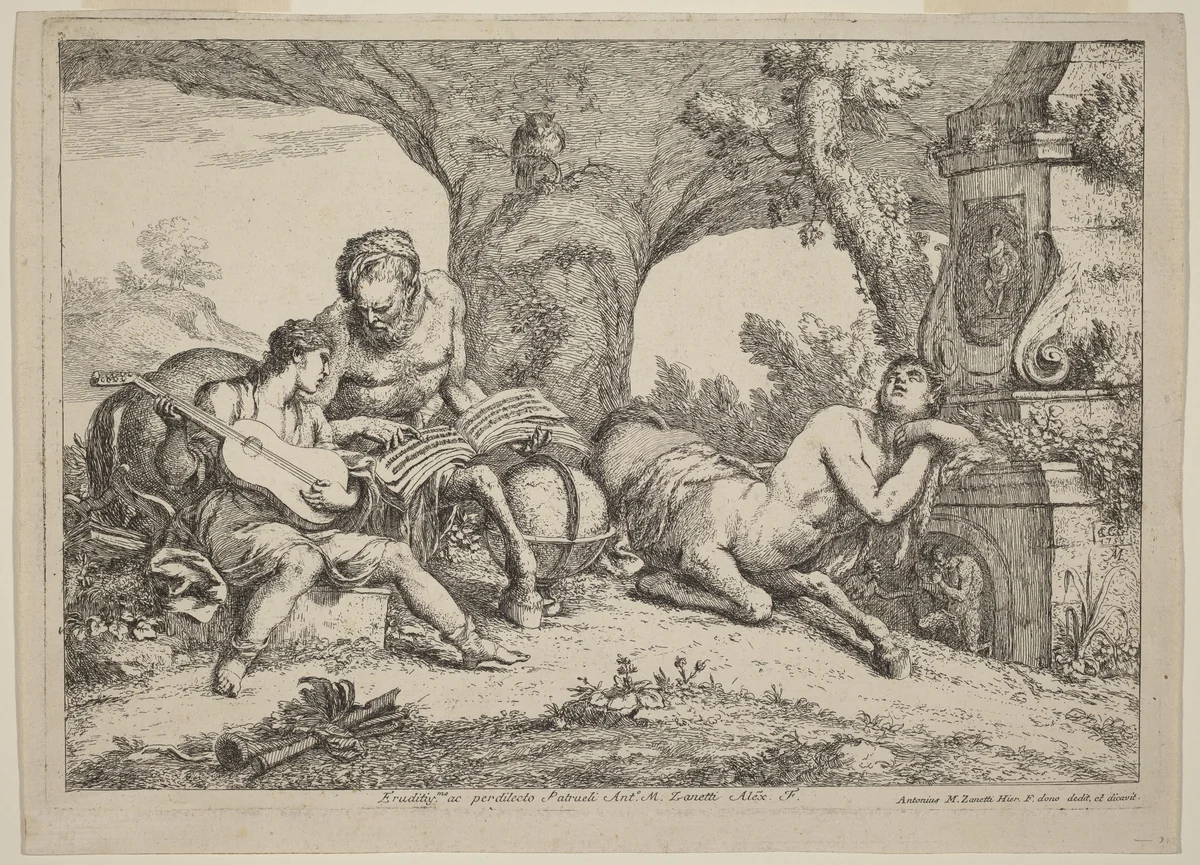 Chiron Teaching Music to Achilles by Gaetano Zompini, Giovanni Benedetto Castiglione, print, 1758