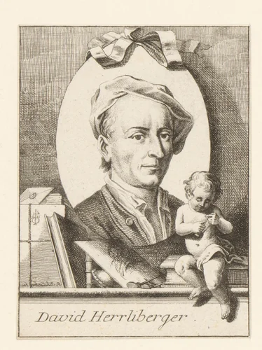Portret van David Herrliberger by Johann Rudolph Schellenberg, print, 1750-1806