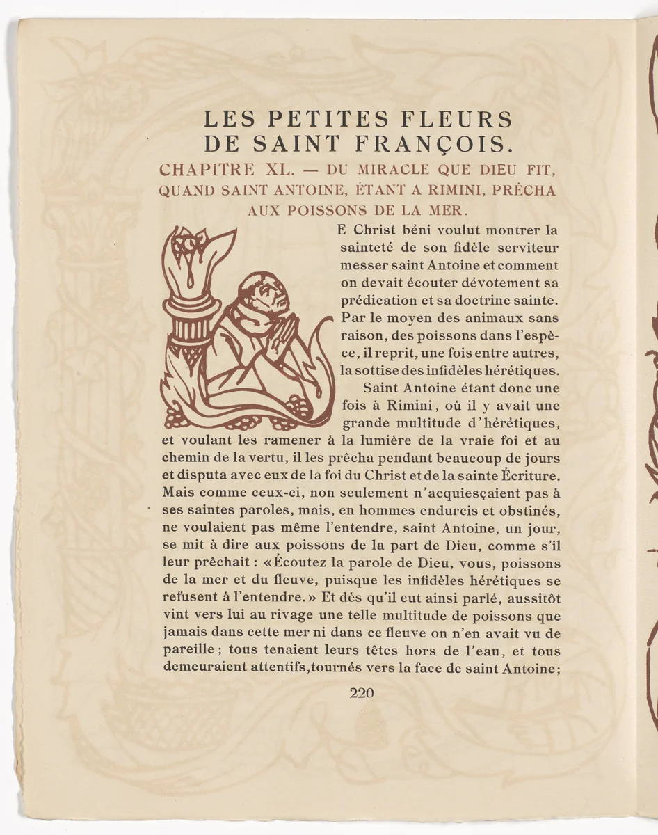 Pictorial initial (page 220) from Les Petites Fleurs de St. François (The Little Flowers of St. Francis) by Émile Bernard, illustrated book, 1928