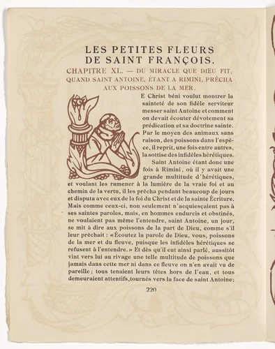 Pictorial initial (page 220) from Les Petites Fleurs de St. François (The Little Flowers of St. Francis) by Émile Bernard, illustrated book, 1928