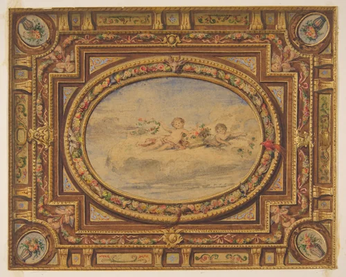 Design for a painted ceiling with putti on clouds in a central oval by Jules-Edmond-Charles Lachaise, drawing, 1830-1897