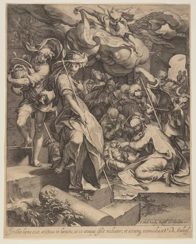 The Adoration of the Shepherds by Andries Jacobsz. Stock, print, 1600-1605
