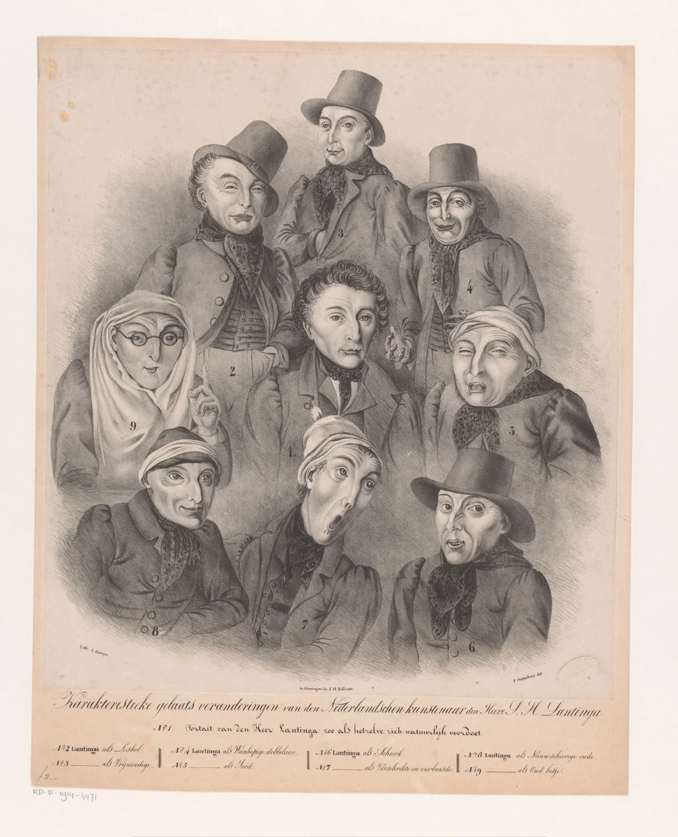 Negen gezichtsuitdrukkingen van Simon H. Lantinga by Pieter Oosterhuis, print, 1834-1835