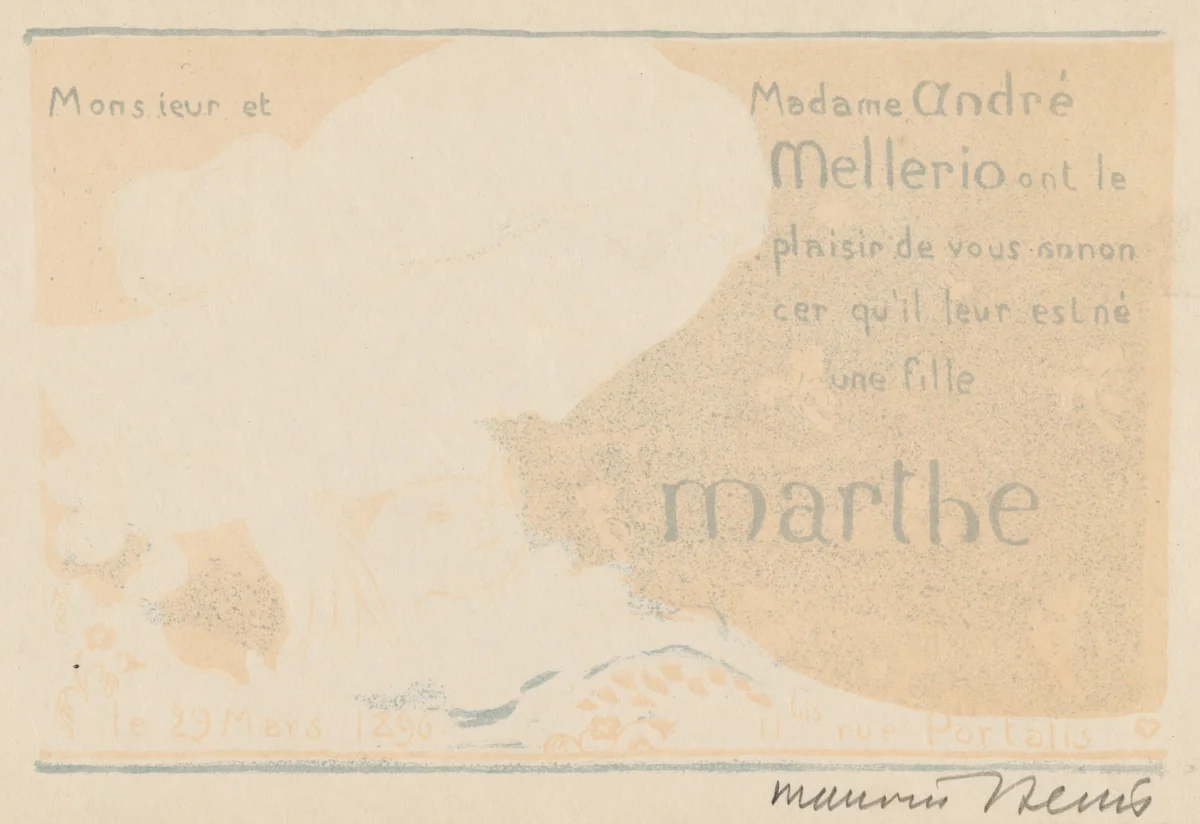 Birth Announcement for Marthe Mellerio by Maurice Denis, print, 1896