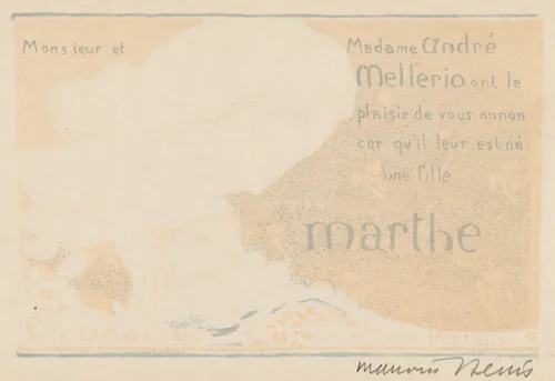 Birth Announcement for Marthe Mellerio by Maurice Denis, print, 1896
