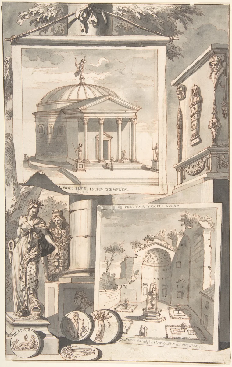 A Reconstruction of the Templum Isis (above) and a View of the Ruins (below) by Jan Goeree, drawing, 1690-1704