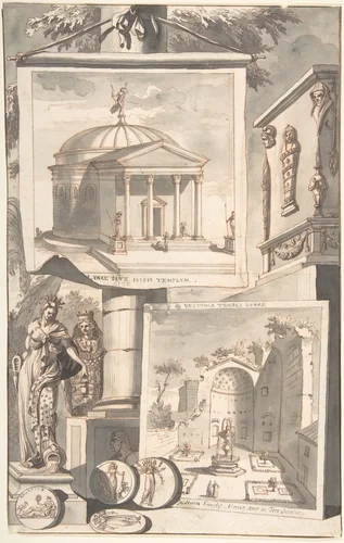 A Reconstruction of the Templum Isis (above) and a View of the Ruins (below) by Jan Goeree, drawing, 1690-1704