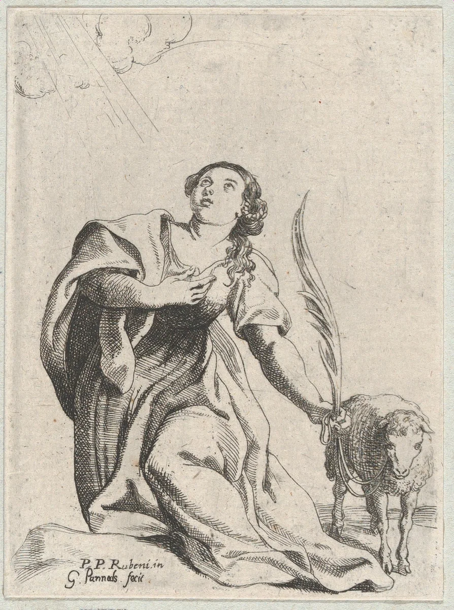 Saint Agnes, holding a palm leaf and a tethered lamb by Willem Panneels, print, 1626-1636