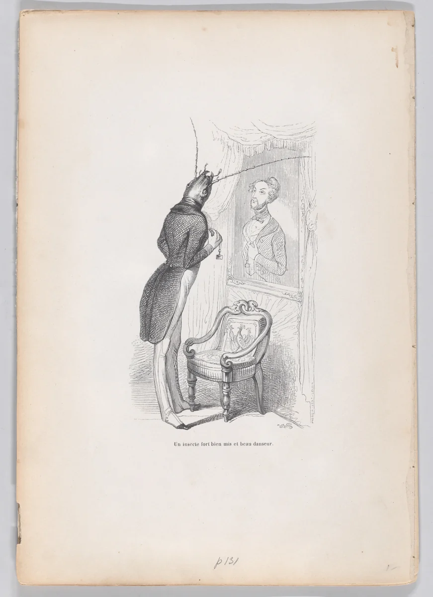 A very well put insect and beautiful dancer, from "Scenes from the Private and Public Life of Animals" by J. J. Grandville, print, 1832-1852