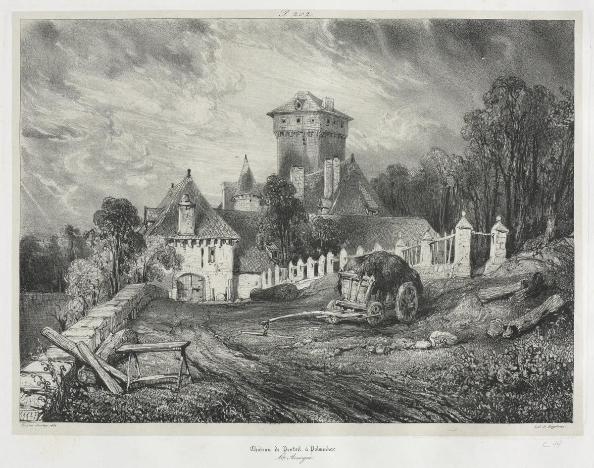 Picturesque and Romantic Journeys in Old France: Auvergne (vol. II): Pesteil Chateau at Polminhac, Plate 202 by Eugène Isabey, print, 1832