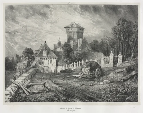 Picturesque and Romantic Journeys in Old France: Auvergne (vol. II): Pesteil Chateau at Polminhac, Plate 202 by Eugène Isabey, print, 1832