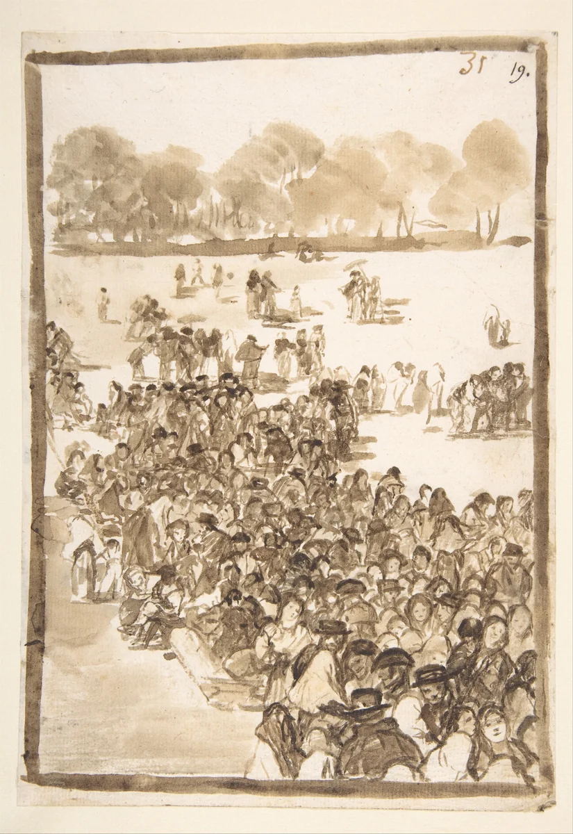 Crowd in a Park; page 31 from the "Images of Spain" album (F) by Goya, drawing, 1807-1825